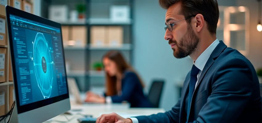 Colaborador de empresa mostrando los beneficios de una gestión eficiente de archivos digitales con Legarchivo