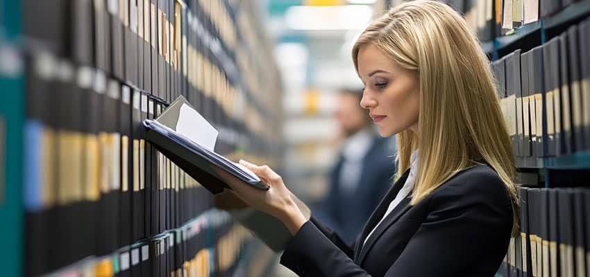 Mujer trabajando eficientemente después de la implementación de objetivos específicos de la gestión documental implementada por Legarchivo
