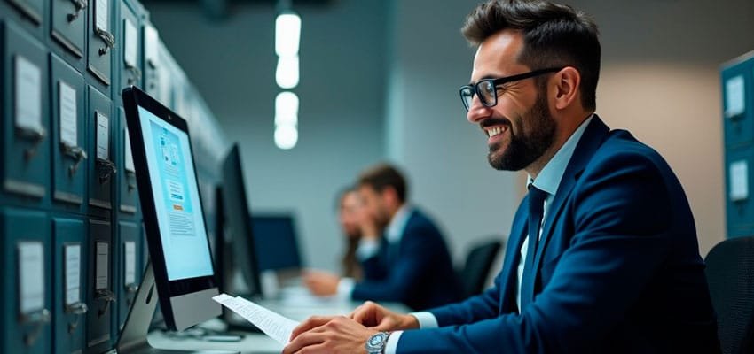 Persona feliz trabajando en computador mostrando la eficiencia de los tipos de formatos de archivos digitales recomendados por Legarchivo