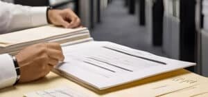 Plano cerrado de persona y varios documentos mostrando los objetivos específicos de la gestión documental con Legarchivo
